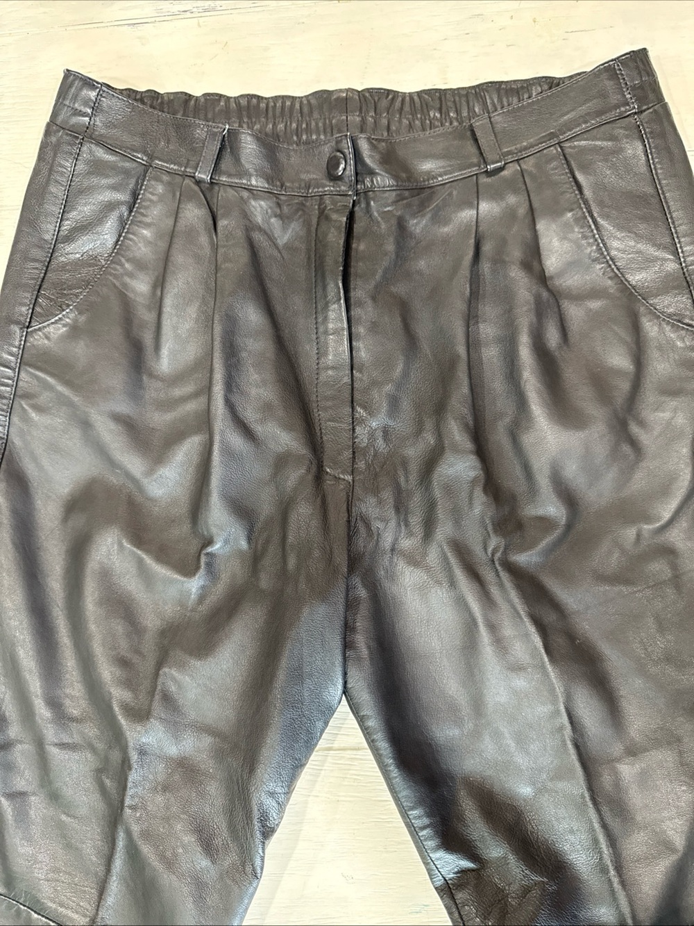 Pleated Front Black Leather Trousers